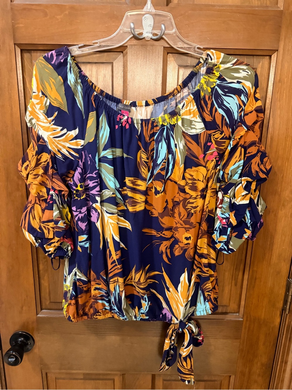 Vince Camuto Navy Floral Tie-Hem Top